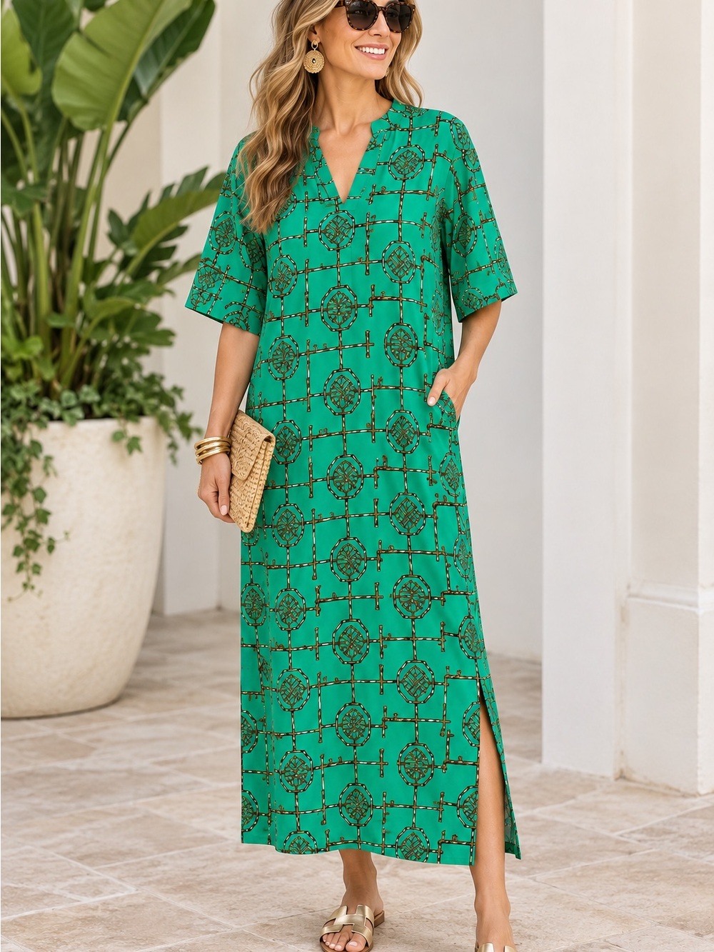 Jude Connally Geometric Print Dress S Green Brown V Neck Stretch Art To Wear
